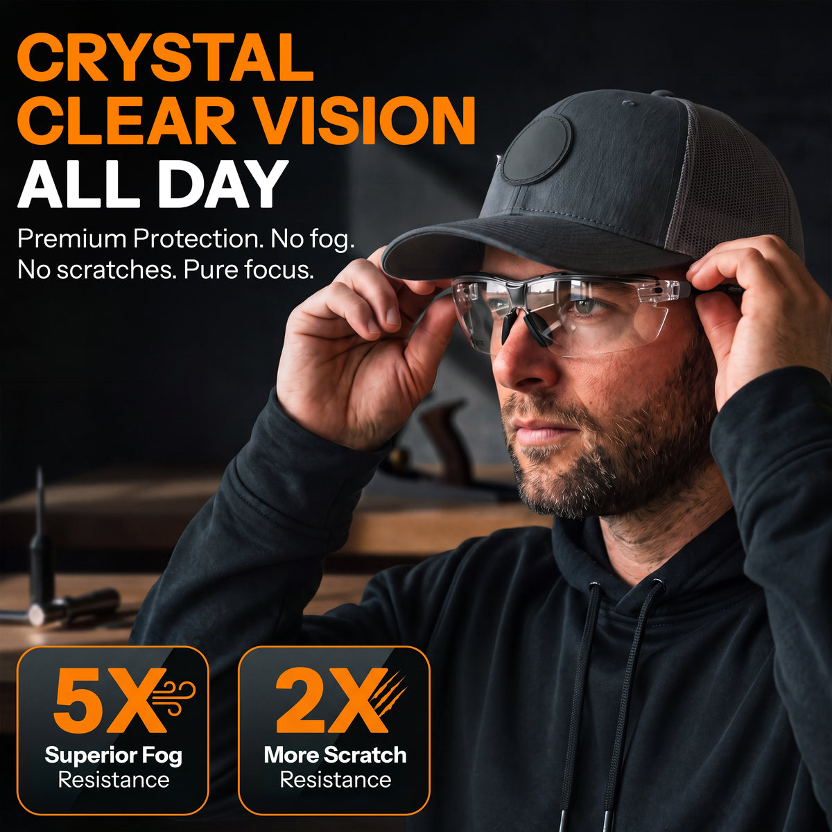 Safety Glasses for Work – Clear Anti-Fog Eye Protection Glasses with Fully Adjustable Extendable Arms, Wraparound Protective Glasses for DIY, Construction & Workshop Use