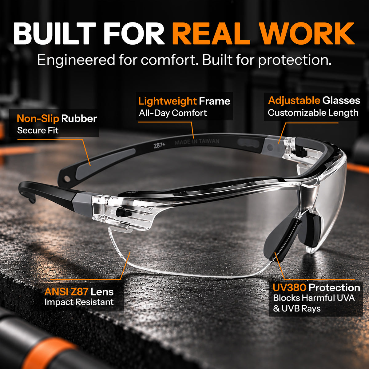 Safety Glasses for Work – Clear Anti-Fog Eye Protection Glasses with Fully Adjustable Extendable Arms, Wraparound Protective Glasses for DIY, Construction & Workshop Use