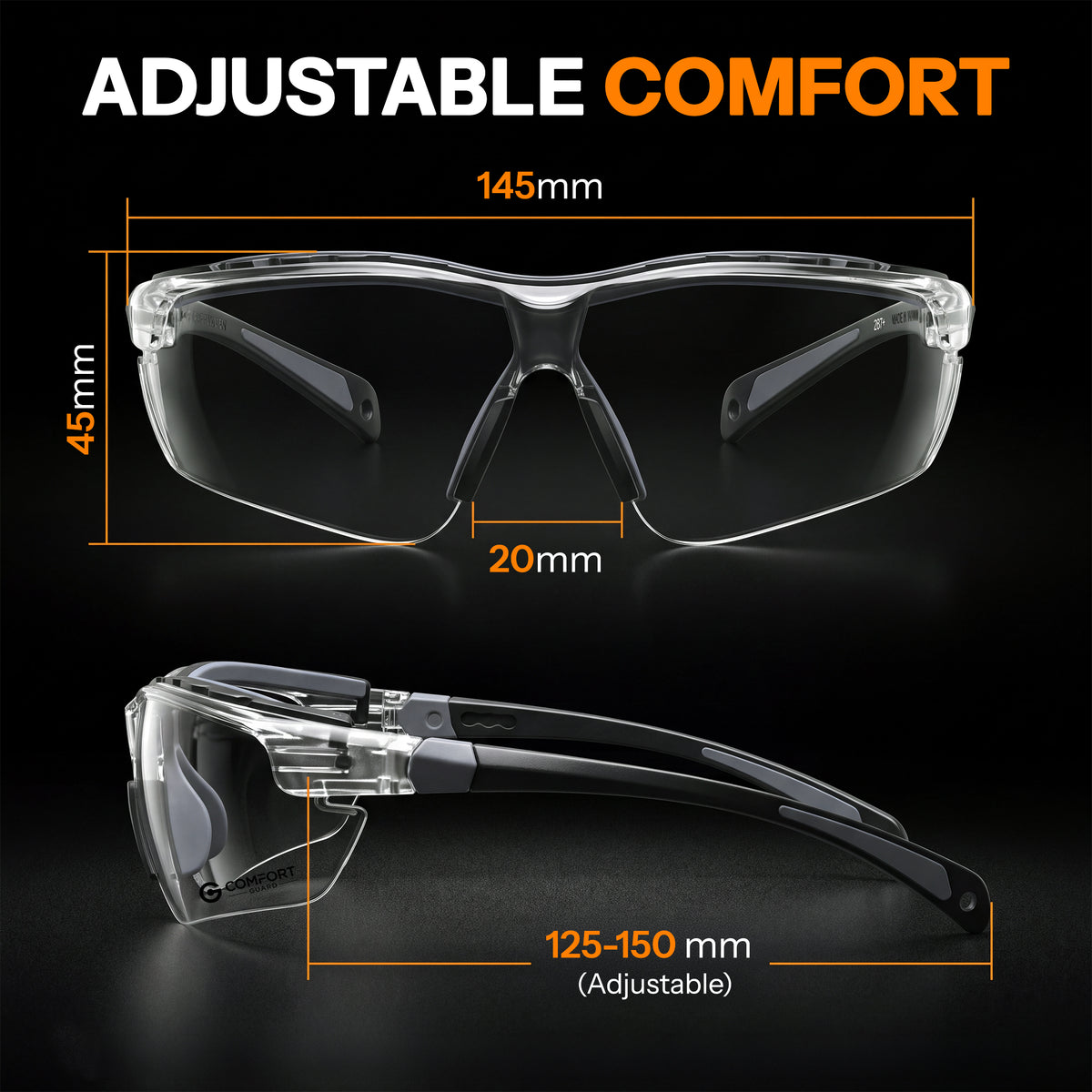 Safety Glasses for Work – Clear Anti-Fog Eye Protection Glasses with Fully Adjustable Extendable Arms, Wraparound Protective Glasses for DIY, Construction & Workshop Use