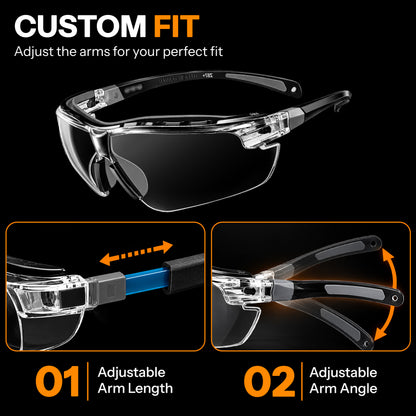 Safety Glasses for Work – Clear Anti-Fog Eye Protection Glasses with Fully Adjustable Extendable Arms, Wraparound Protective Glasses for DIY, Construction & Workshop Use
